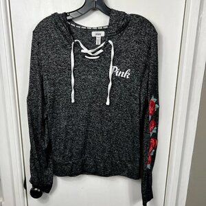 Victoria Secret Pink lace up flower embroidered hoodie. Size S